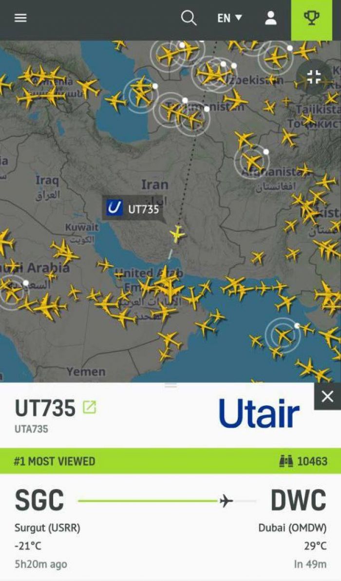 «Из -21 в +29 любой ценой» Пользователи Flightradar заметили самолет из Сургута, летящий прямо над местом боевых действий в Иране